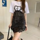 Elbow-sleeve Graphic Print T-shirt / Lace-up Ruched Mini Fitted Skirt