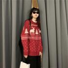 Christmas Deer Round-neck Knit Sweater Red - One Size