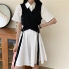 Short-sleeve Mini A-line Shirtdress / V-neck Cropped Vest