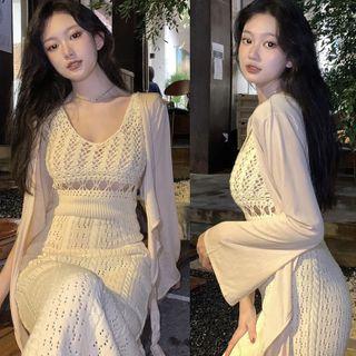 Crochet Maxi Sheath Tank Dress / Open-front Cardigan