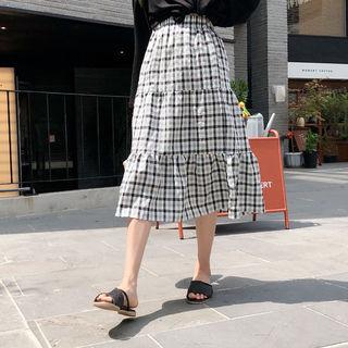 Band-waist Plaid Tiered Skirt