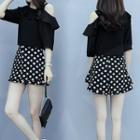 Set: One-shoulder Short-sleeve Plain Ruffled Trim Blouse + High-waist Dotted Layered Skort