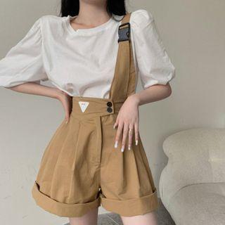 Set: Puff-sleeve Top + One-shoulder Wide Leg Suspender Shorts