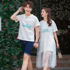 Couple Matching Mesh Panel Short-sleeve T-shirt Dress / Lettering Short-sleeve T-shirt