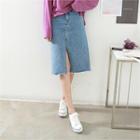 Fray-hem Slit-front Denim Skirt
