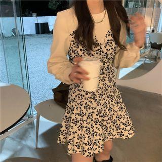 Mock Two-piece Long-sleeve Floral Print Mini Mermaid Dress