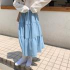 Elastic Waist Midi A-line Skirt Blue - One Size