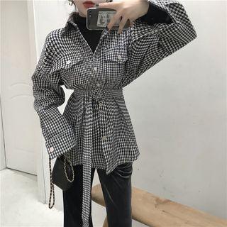 Houndstooth Tie-waist Jacket As Shown In Figure - One Size
