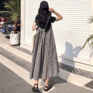 Plaid Midi Spaghetti Strap Dress Black & White - One Size