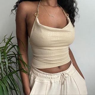 Chain Strap Printed Cropped Halter Top