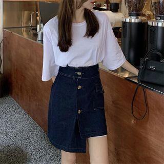 White Wide T-shirt / Asymmetrical Denim A-line Skirt