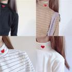 Heart Embroidered Striped Turtleneck Long Sleeve T-shirt