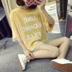 Mock Two Piece Lettering Mesh Overlay Elbow Sleeve T-shirt