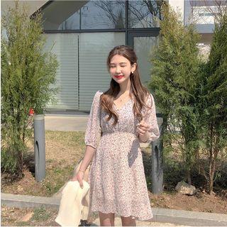 V-neck Floral Print Short-sleeve Chiffon Mini Dress