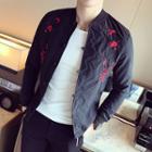 Floral Embroidered Frog Button Bomber Jacket