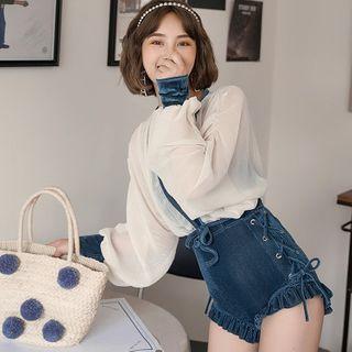 Puff-sleeve Velvet Panel Lace-up Swimsuit