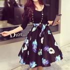 Long-sleeve Mock Two Piece Floral Dress