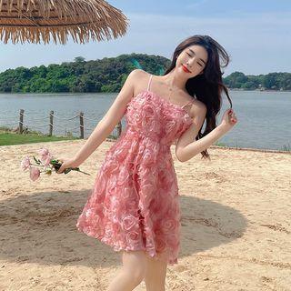 Spaghetti Strap Rose Mini A-line Dress