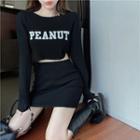 Set: Letter Knit Crop Top + High-waist Mini Skirt