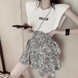Cap-sleeve Letter Print T-shirt / Leopard Print Skirt