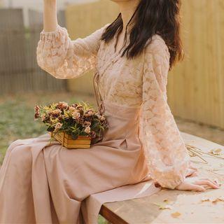 Long-sleeve Lace Panel Wrap Midi A-line Dress