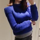 Crew-neck Puff-shoulder Rib-knit Sweater