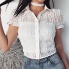 Collared Short-sleeve Button Lace Cropped Top