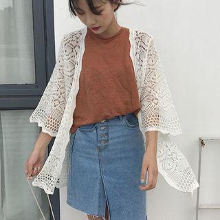 Pointelle Knit Bell-sleeve Long Cardigan