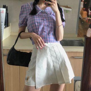 Plaid Short-sleeve Puff-sleeve Blouse / Pleated Mini A-line Skort