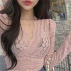 Long-sleeve V-neck Lace Slim-fit Top