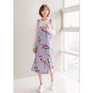 Slit-hem Floral Long Jumper Dress
