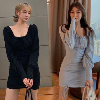 Puff-sleeve Square-neck Drawstring Mini Dress