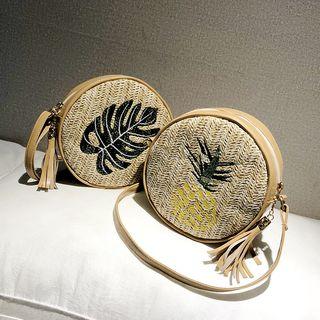 Wover Panel Embroidered Crossbody Bag