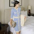Long-sleeve Contrast Trim Patterned Mini Sheath Dress White & Blue - One Size