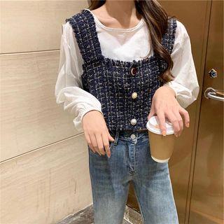 Long-sleeve Plain T-shirt / Frill Trim Tweed Camisole