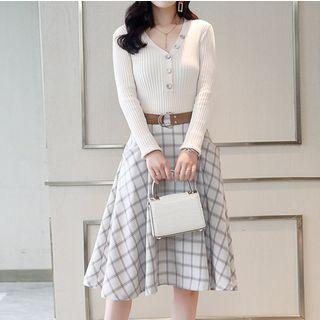Set: Long-sleeve Placket Top + A-line Skirt