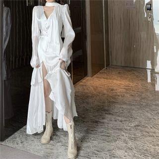 Side-slit Ruffle Long-sleeve Maxi A-line Dress