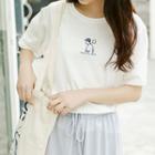 Short-sleeve Cartoon Embroidered T-shirt White - One Size