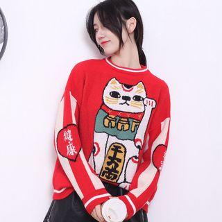 Fortune Cat Print Sweater Red - One Size