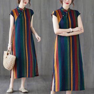 Cap-sleeve Striped Midi Qipao
