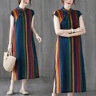 Cap-sleeve Striped Midi Qipao