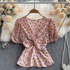 Puff-sleeve V-neck Floral Knotted Cropped Top