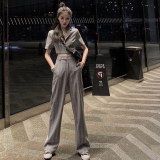 Set: Plaid Cropped Short-sleeve Blouse + Wide-leg Pants