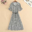 Set: Short-sleeve Dot Print Midi Shirtdress + Belt