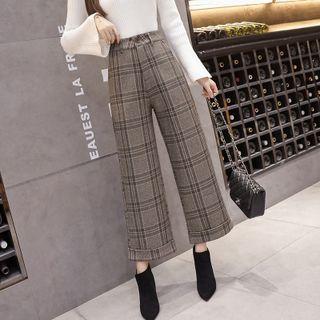 Plaid Woolen Cropped Wide-leg Pants