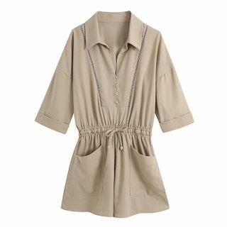Collared Drawstring-waist Wide-leg Romper
