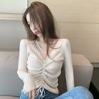 Long-sleeve Sheer Panel Drawstring Knit Top