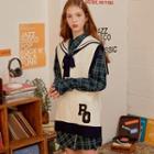 Sailor-collar Contrast-trim Cable-knit Vest Ivory - One Size