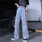 Distressed Wide-leg Jeans / Waist Chain / Set
