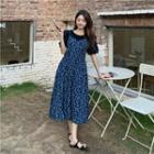 Puff-sleeve Plain Top + Floral Print A-line Dress